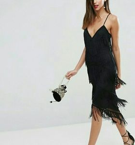 NWT Asos Black Fringe Mesh Knit Dress US 4